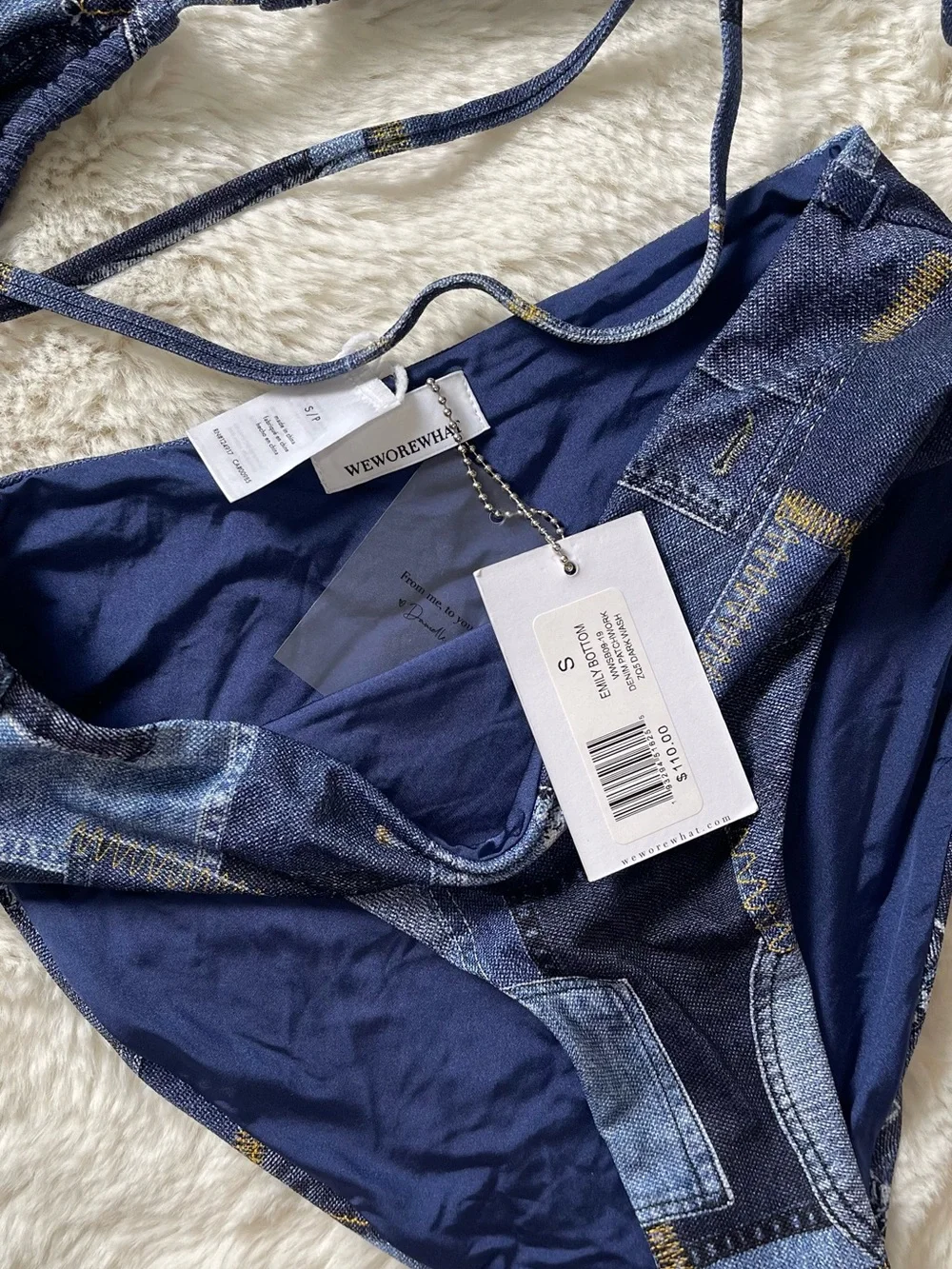 Weworewhat Women’s Denim Print Bikini Set – Navy & Blue – Top XL / Bottom Smal